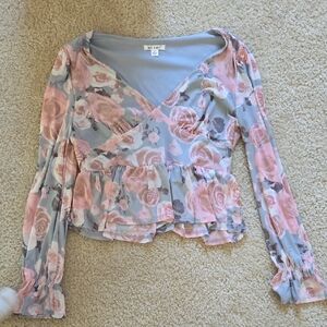 Floral Wrap Top - Pink and Gray
